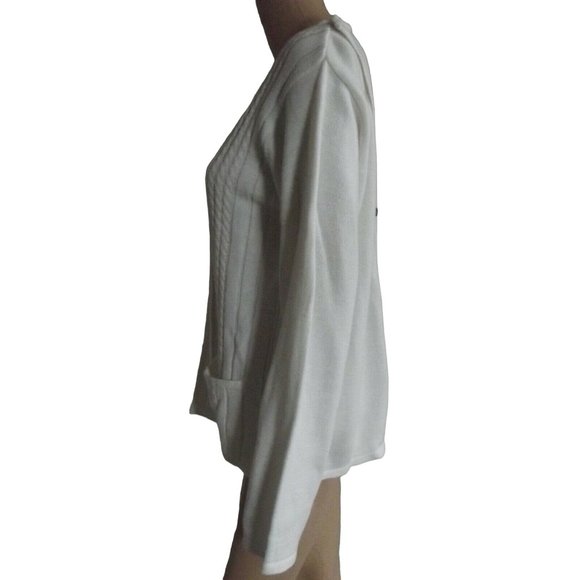 Knit Minded Cardigan Sweater Medium White Cable button front M open snap back - Picture 4 of 12